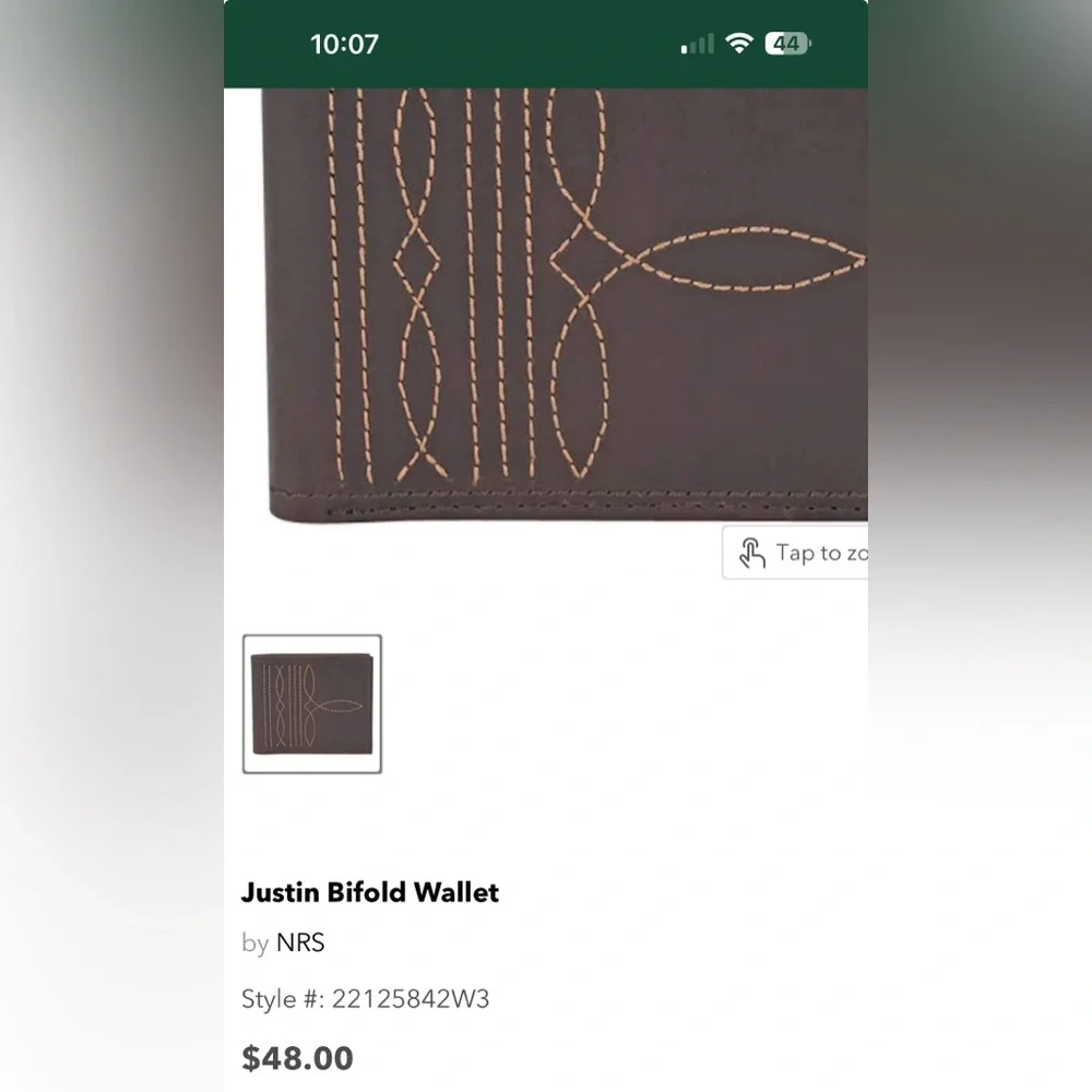 Nwt Justin Bootstitch Slim Bifold Wallet 100% Leather.